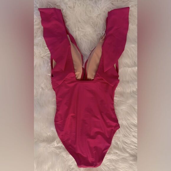 NWT J. Crew Ruched Ruffle One-Piece Swimsuit in Radiant Fuchsia - Picture 4 of 11